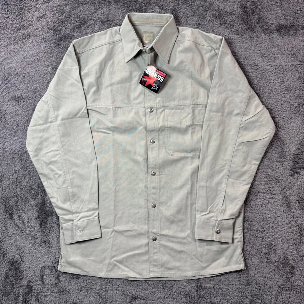 Marlboro Gear 99 Mens Small Tan Cotton Canvas Long Sleeve Button Down Shirt NWT